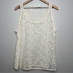 Cato Women Mesh Crochet Lace Tank Top Cream Scoop Neck Paisley Print Summer Rave